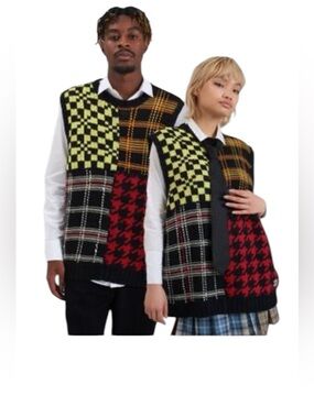 The Ragged Priest Men's Patchwork Crewneck Sweater Vest in Black, Yellow, Red XL
